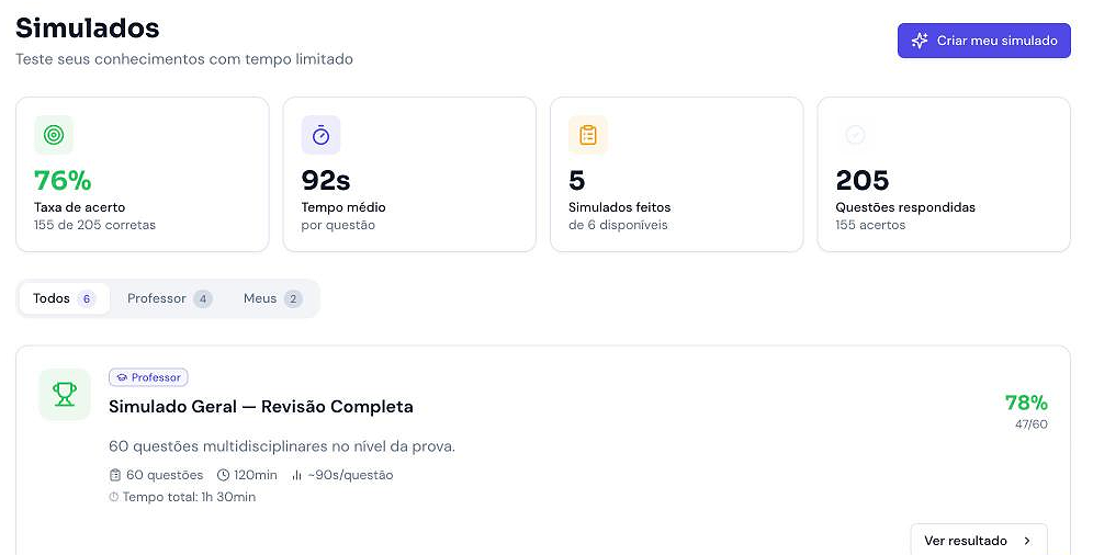 Tela de Simulados com taxa de acerto, tempo médio e opção Criar meu simulado